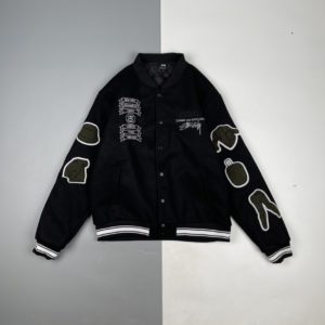 [Stussy x CDG] 스투시 x 꼼데가르송 21Fw 40th Anniversary Logo Embroidered Baseball Jacket Vibe Style Mandatory Armband Embroidered Jacket 남녀공용